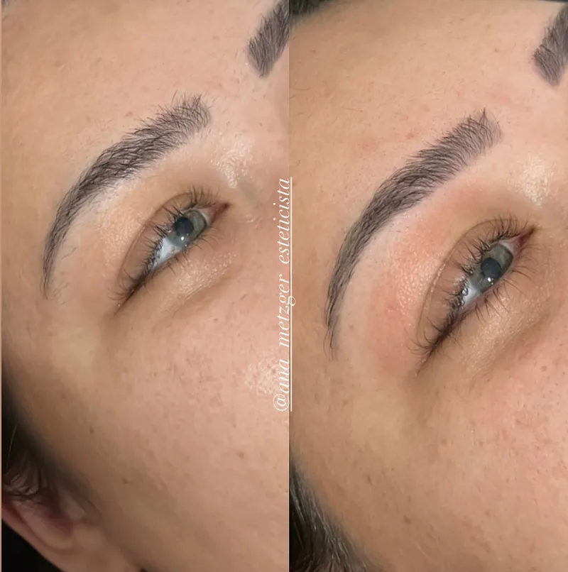 Antes e depois de sobrancelha com olhos claros — Excellence Ateliê